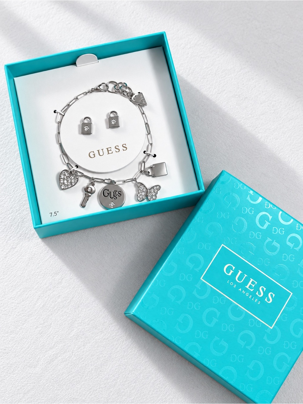 GUESS Silver-Tone Charm Bracelet & Padlock Stud Earrings Gift Set